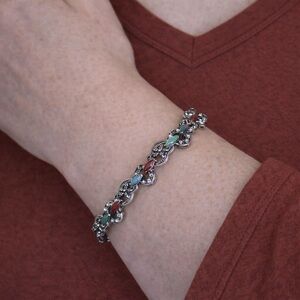 925 Silver Vintage Turquoise, Mother of Pearl, Onyx & Carnelian Bracelet